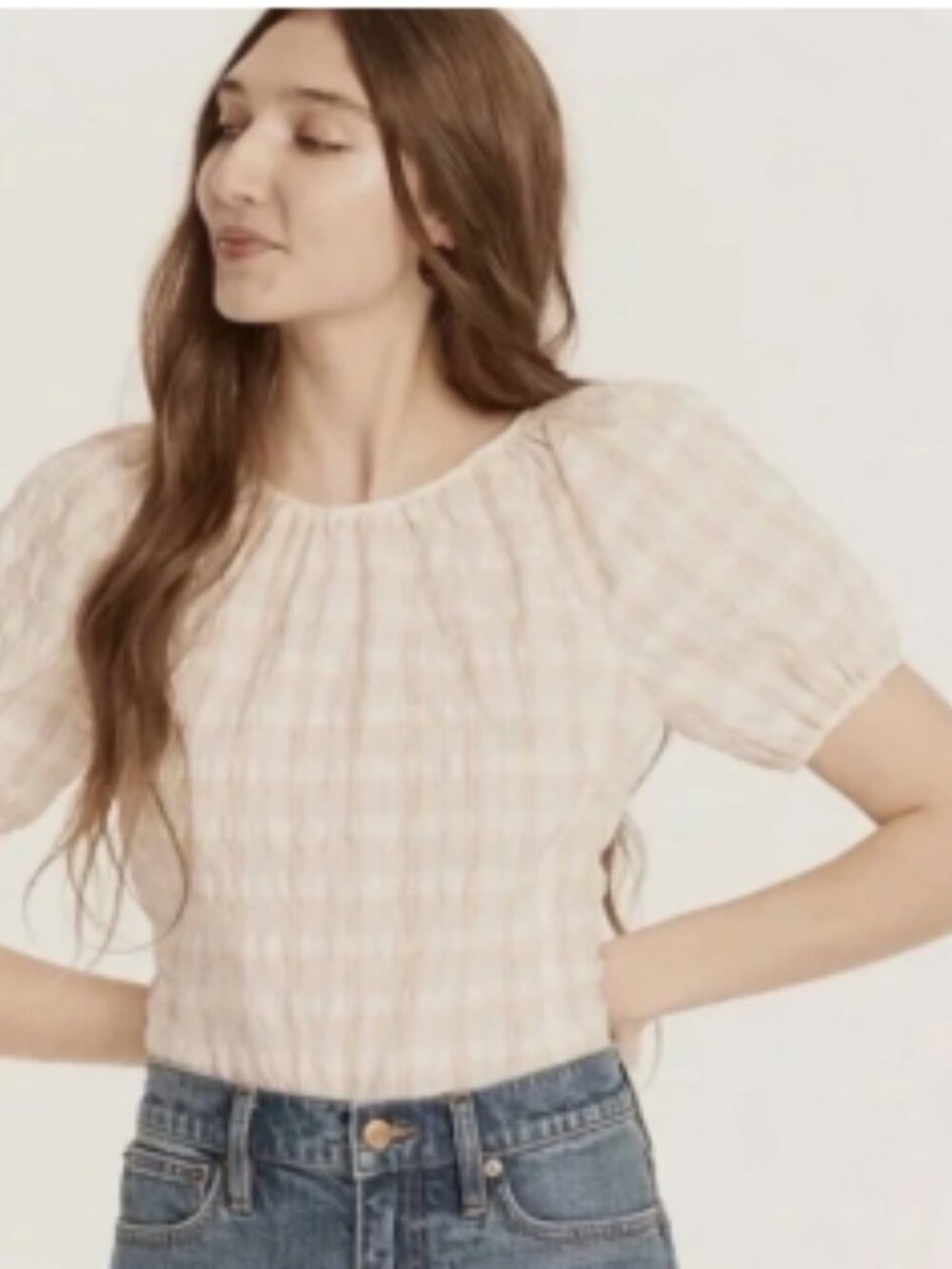 Like New! J Crew V-back Puff-Sleeve Blouse Textured Plaid Blue Mist Navy in 16